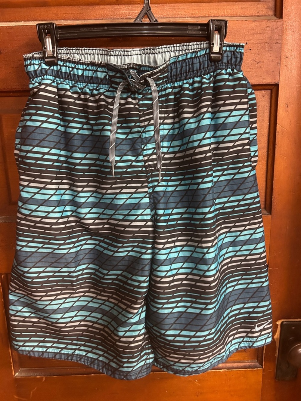 Nike Men's Teal and Black Patterned Swim Trunks